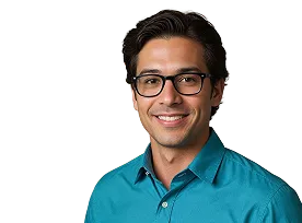 Mann mit dunklen kurzen Haaren, Brille und petrolfarbenem Hemd