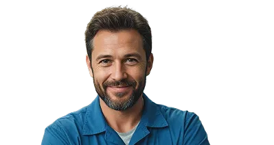 Mann mit gestutztem Vollbart und blauen Hemd